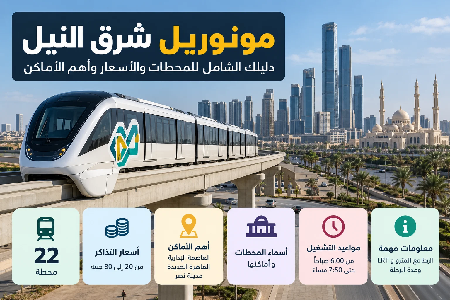 مونوريل شرق النيل 2026: المحطات والأسعار والمواعيد وطريقة الاستخدام